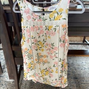 Cream and Pink Sleeveless Tank Top with Floral Design